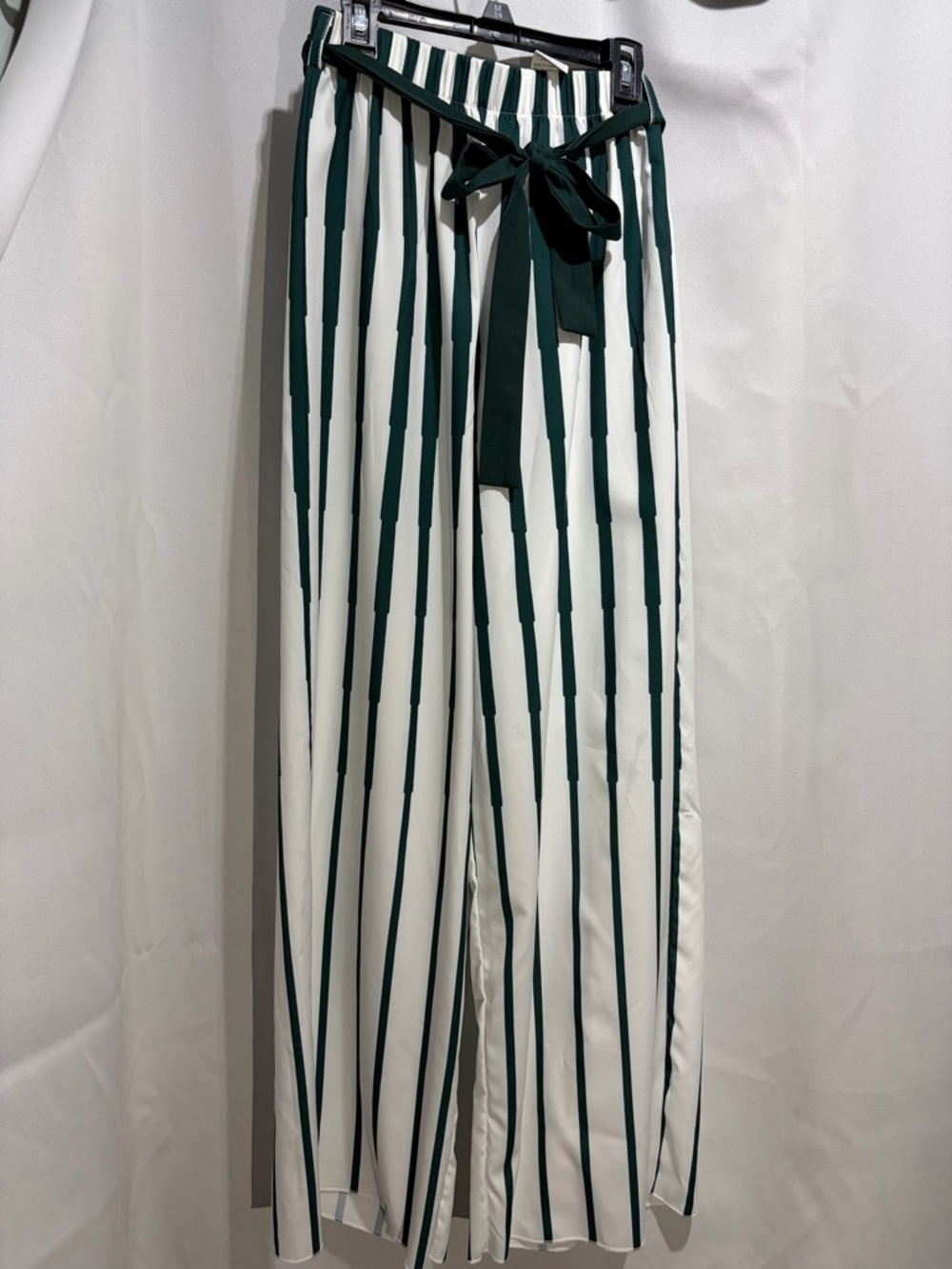 SHEIN Green and White Striped Tie-Waist Trousers